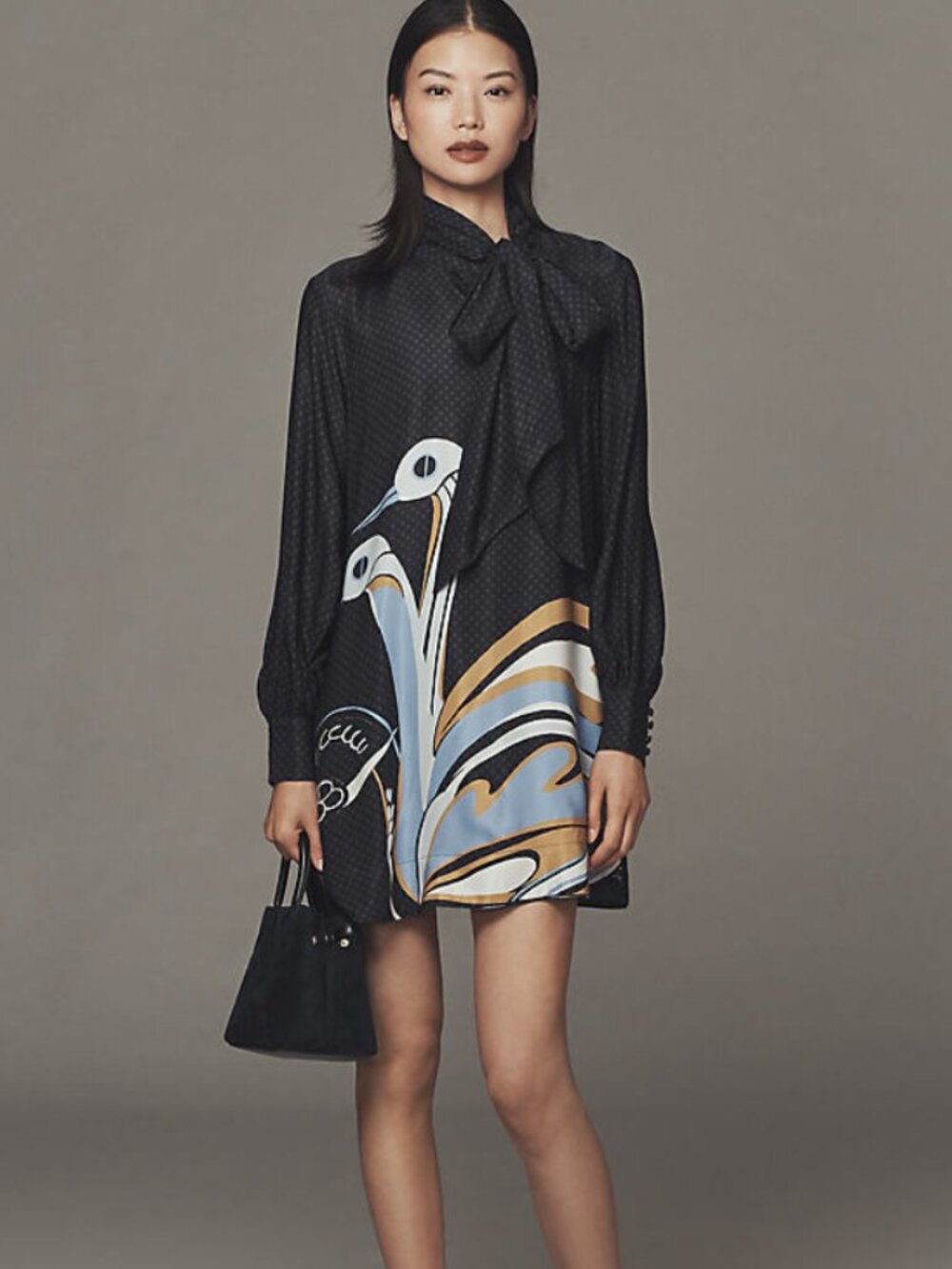 Anthropologie Maeve Caroline Long Sleeve Tie Neck Mini Dress Swan Size XXS NWT